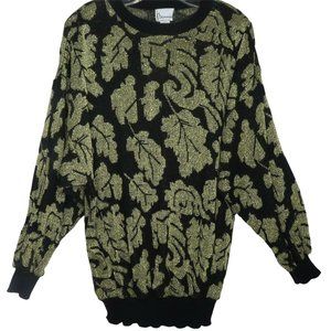 Vintage 80s Mod Hip Gold Metallic Leaf Pullover Sweater Long Sleeve Acrylic USA